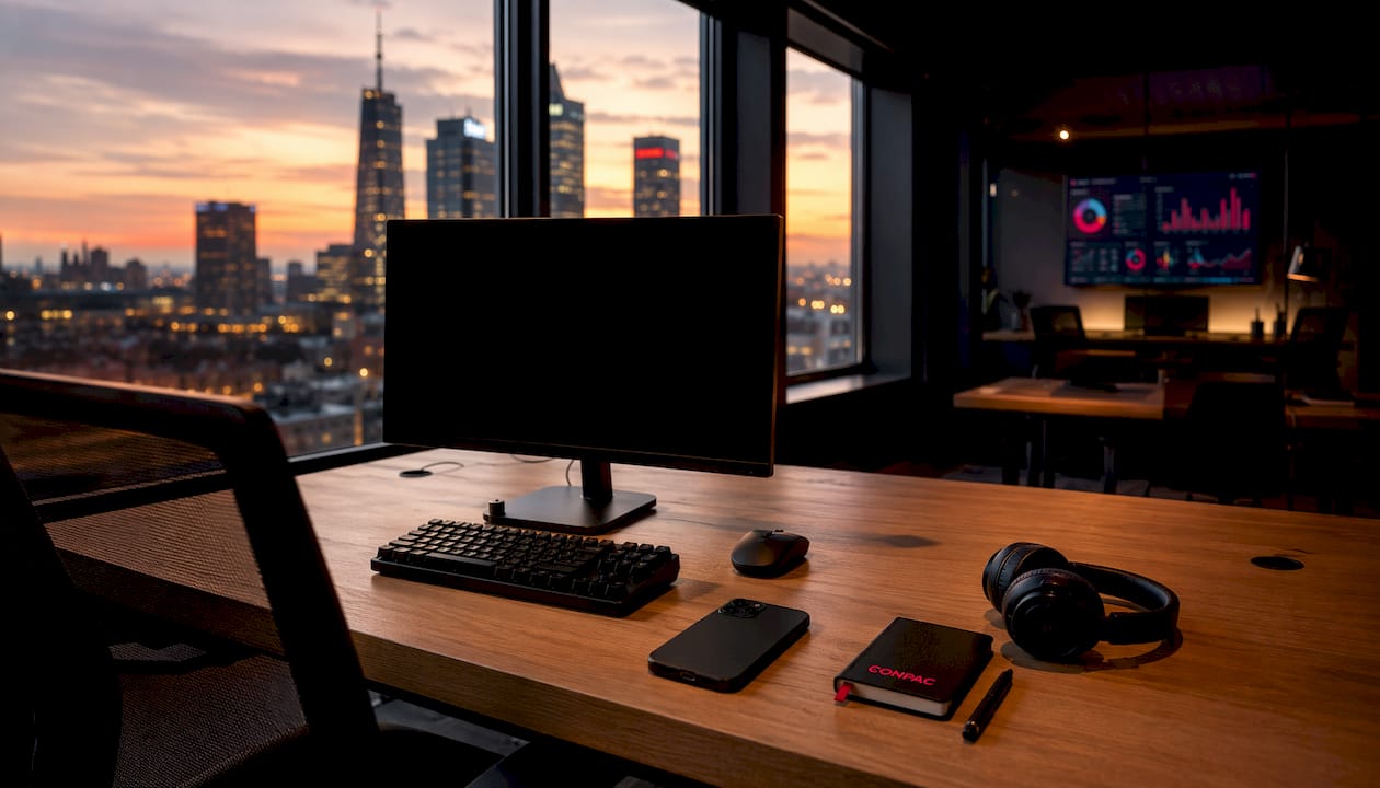 Monitor e strumenti professionali disposti su una scrivania tecnica