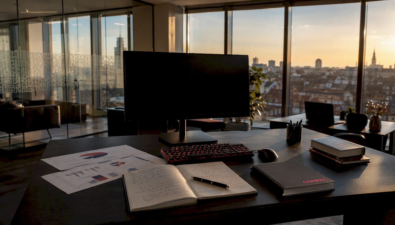 Particolare di una postazione di lavoro con monitor e blocco note