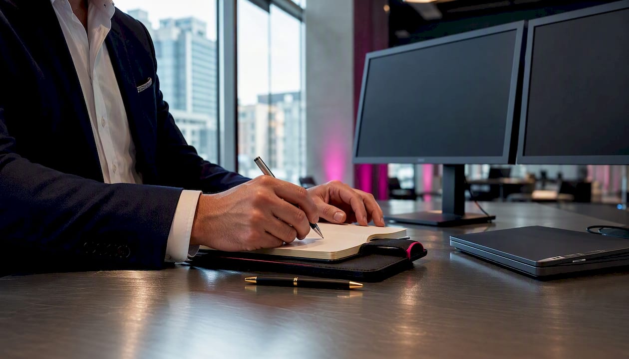 Dettaglio di mani al lavoro con soluzioni tecnologiche per l’ufficio dedicate alle aziende