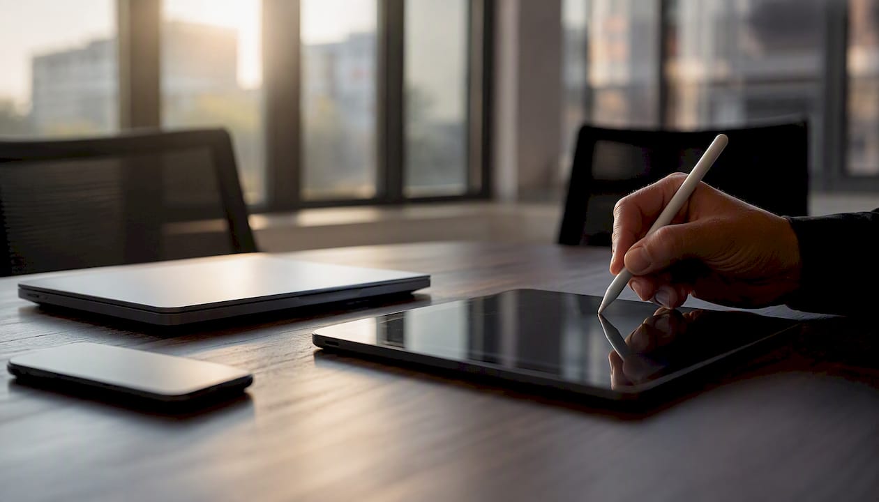 Scrivania d’ufficio attrezzata con dispositivi tecnologici e strumenti per l’analisi dei dati