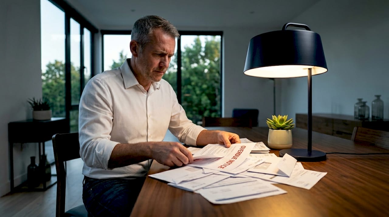 Man sorting overdue home-related bills on couch