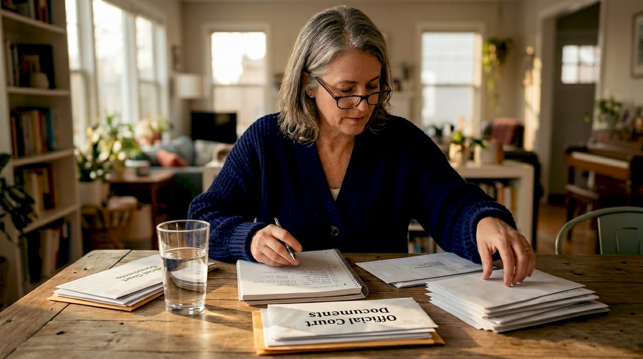 Woman organizing bankruptcy paperwork at kitchen