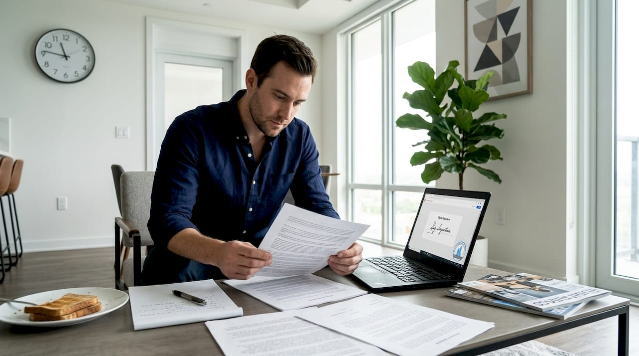 Business owner reviewing governance agreement at table