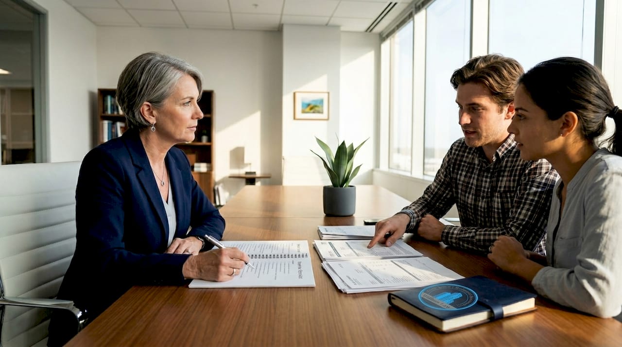 Trustee reviewing documents with couple in office