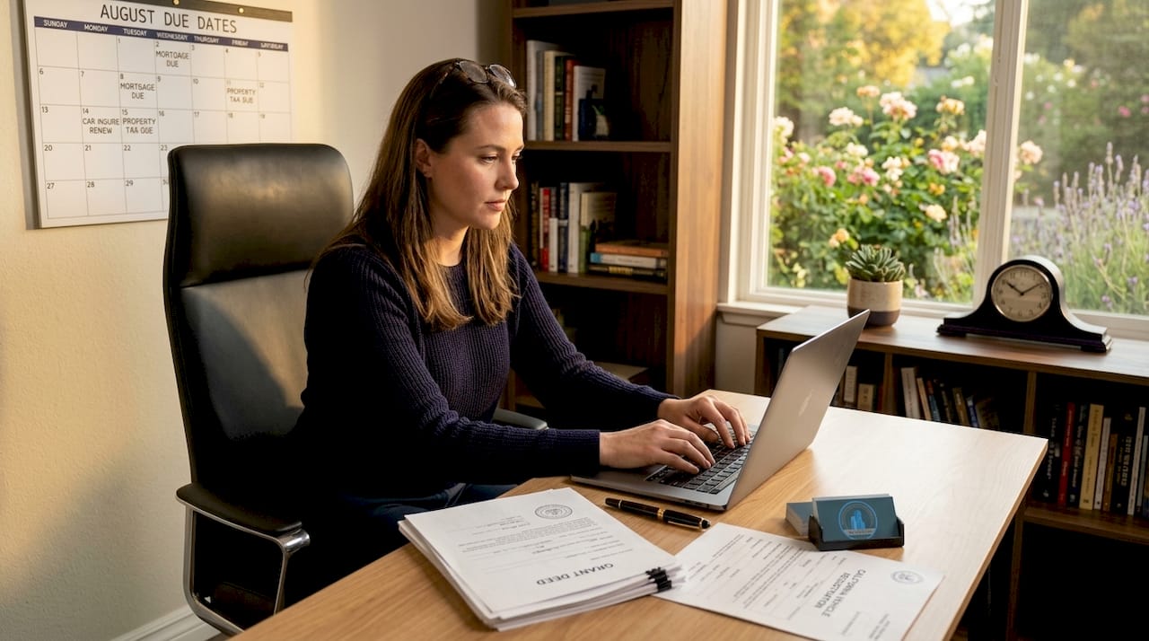 Woman managing property documents in home office