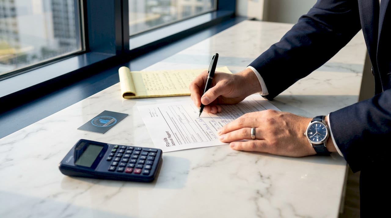 Hands completing Florida business filings