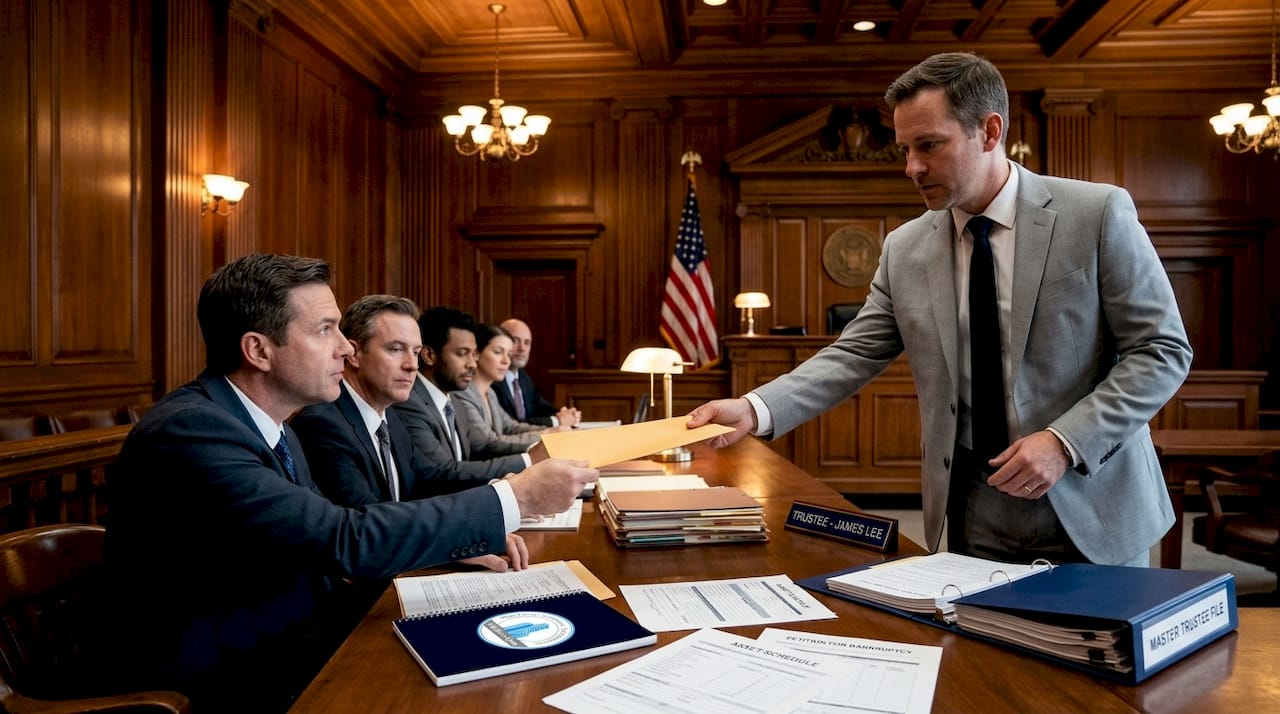 Bankruptcy trustee distributing assets in courtroom
