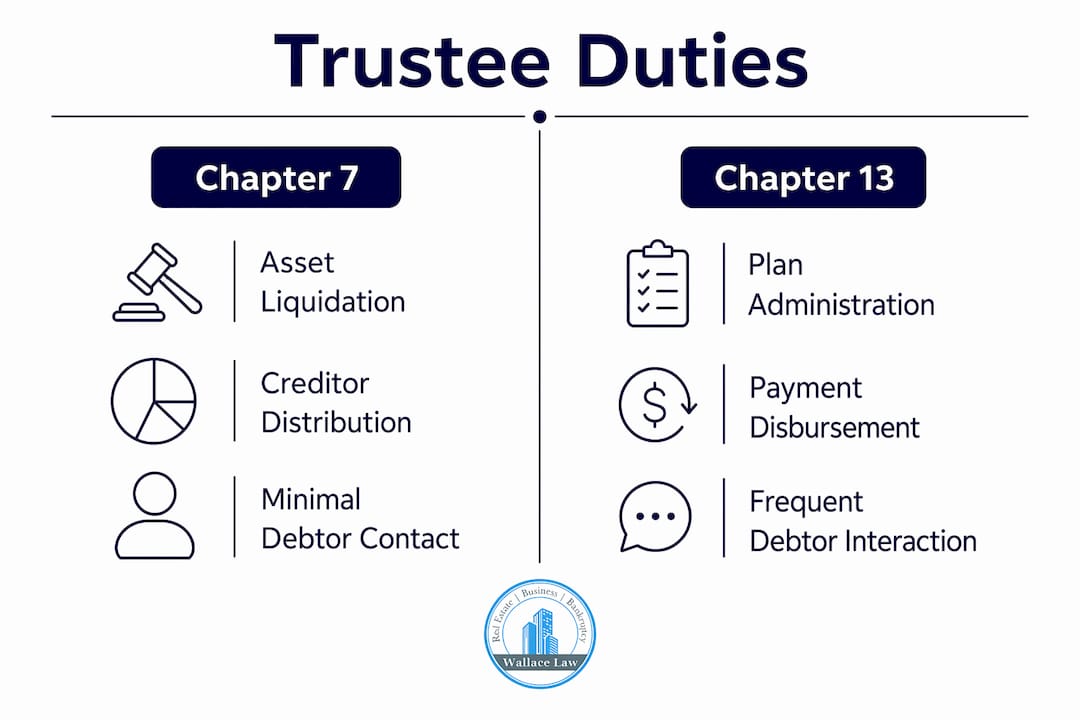 Infographic comparing Chapter 7 and Chapter 13 trustee duties
