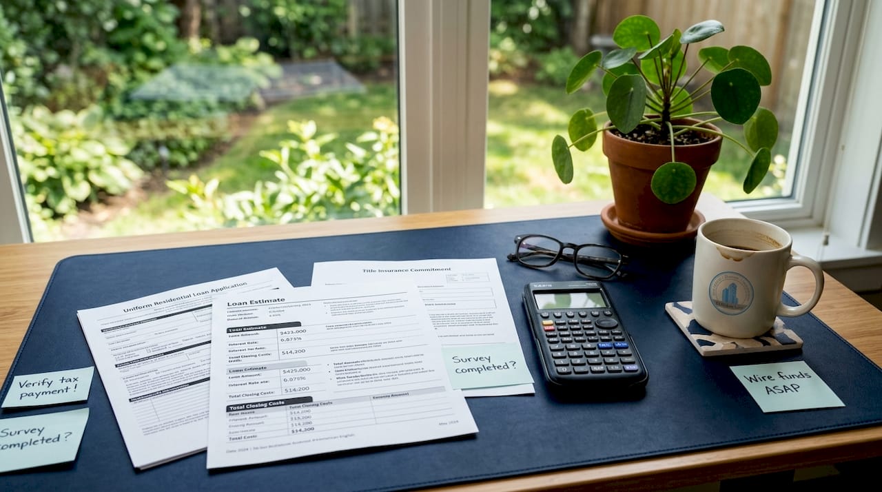 Desktop with real estate fee documents and calculator