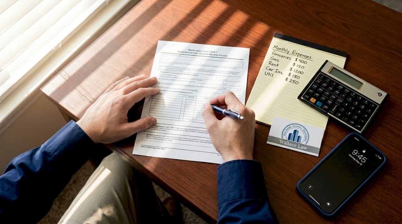 Hands filling out bankruptcy means test form