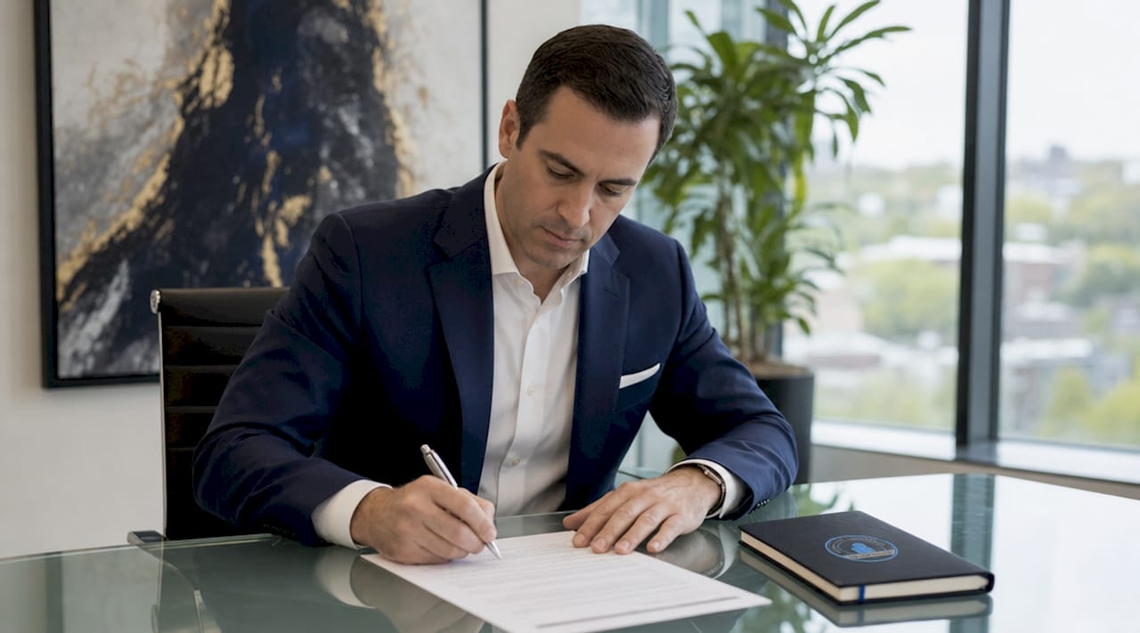 Lawyer writing foreclosure Answer document at desk