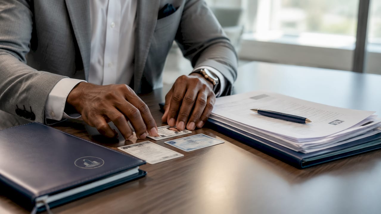 Hands arranging ID and Social Security card for meeting