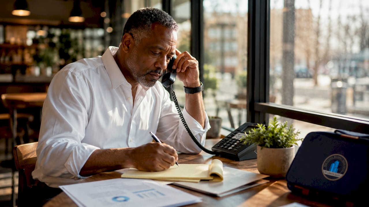 Man on phone with debt collector making notes