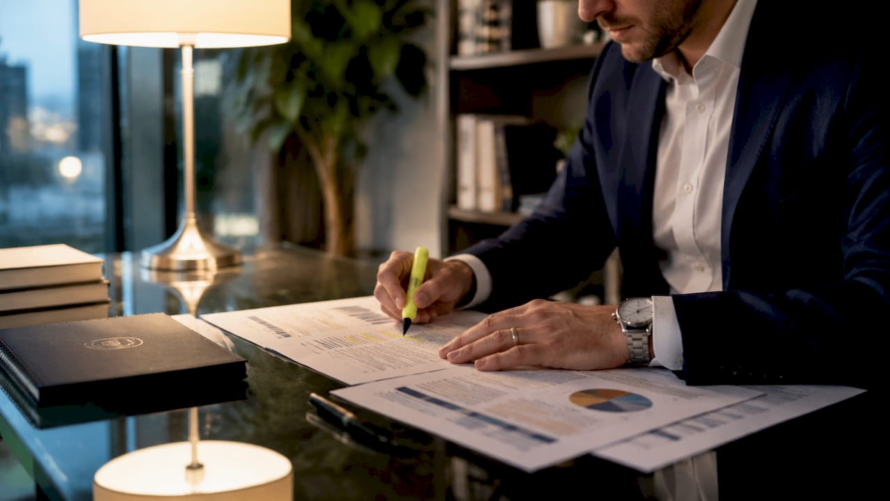 Close-up hands organizing legal transaction papers on desk