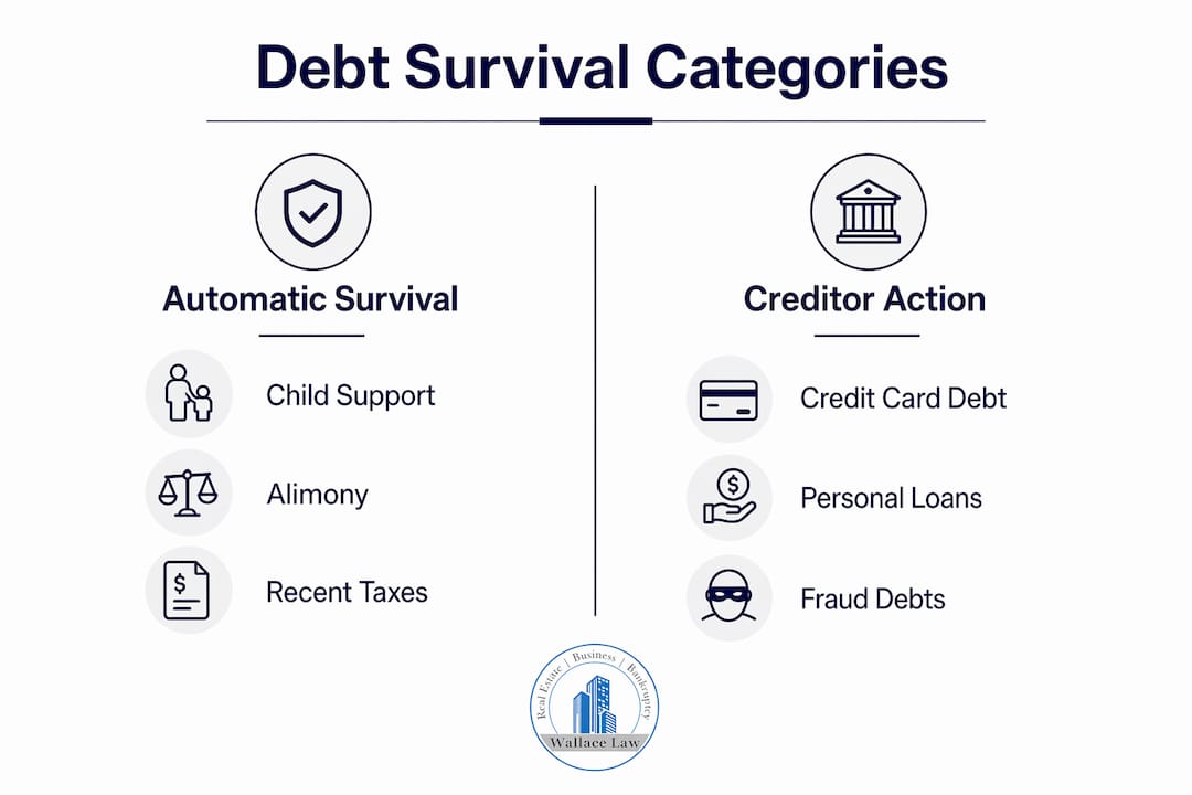 Infographic comparing debts that survive bankruptcy automatically vs. by creditor action