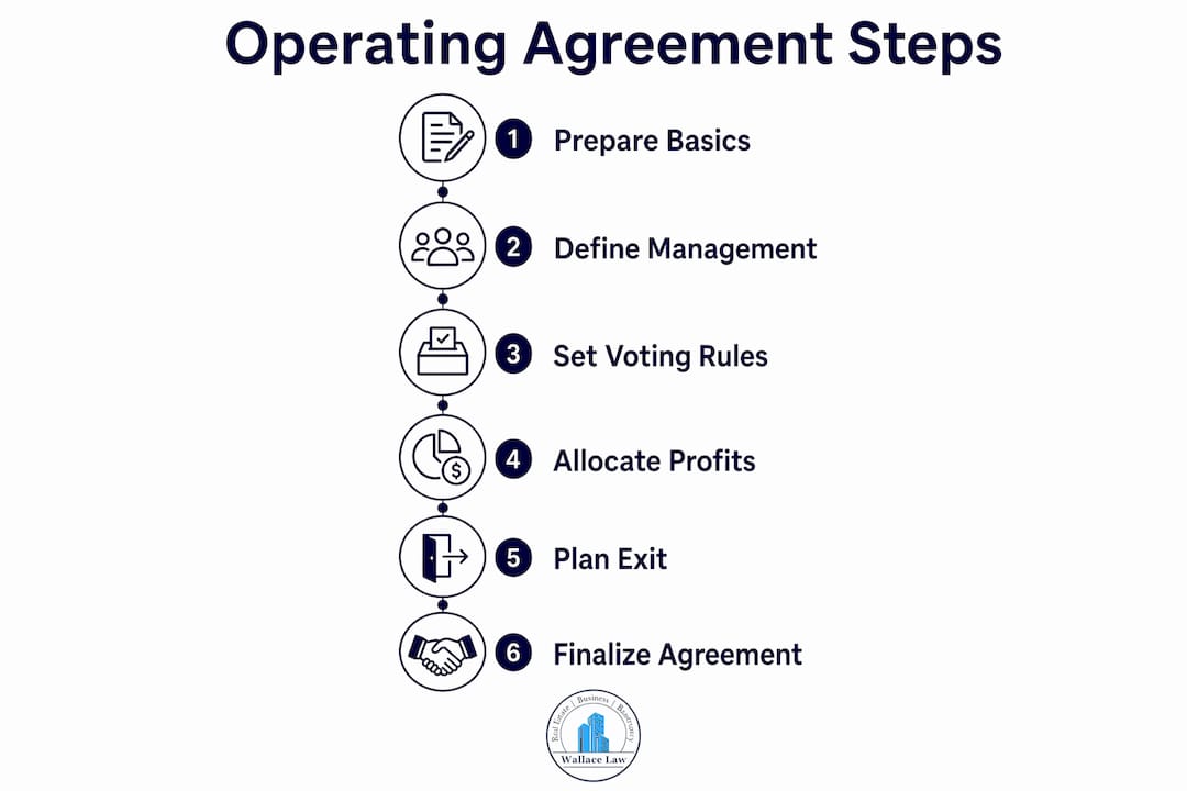 Infographic illustrating steps in Florida LLC operating agreement