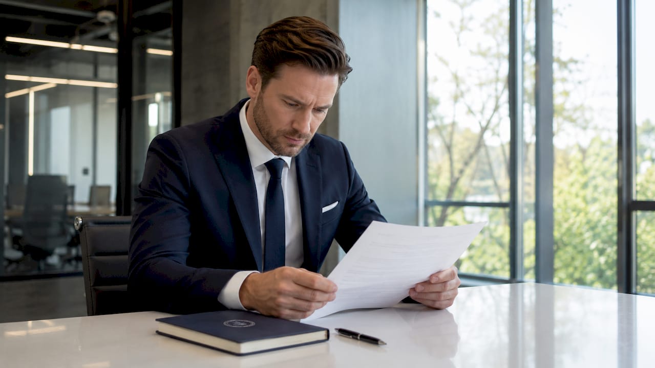 Hands holding property title document at desk