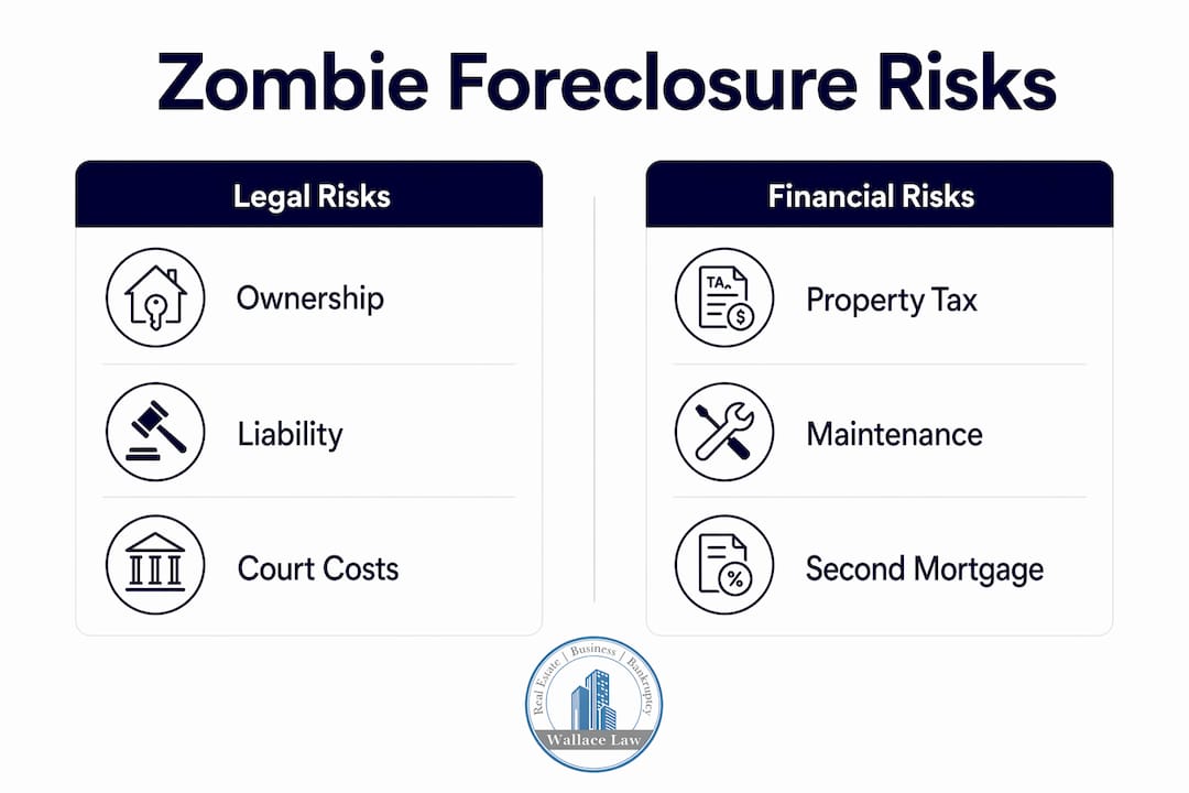 Infographic comparing legal and financial risks of zombie foreclosure in Florida