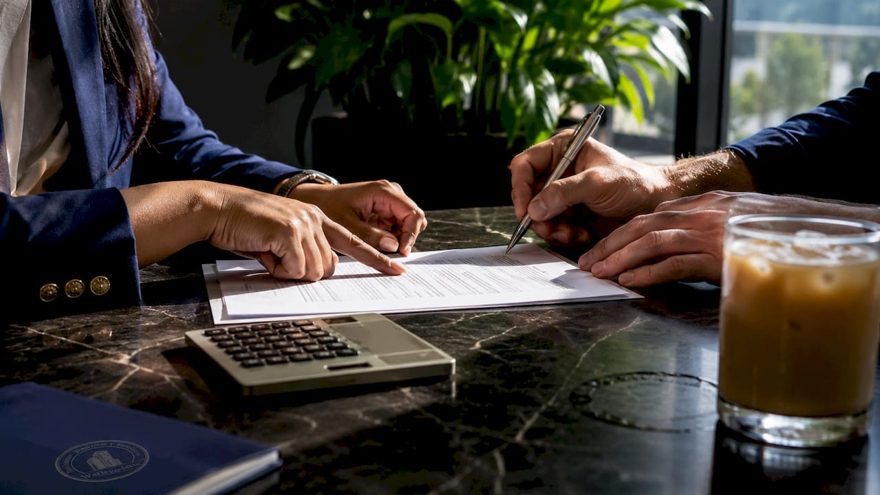 Overhead hands pointing at mortgage documents