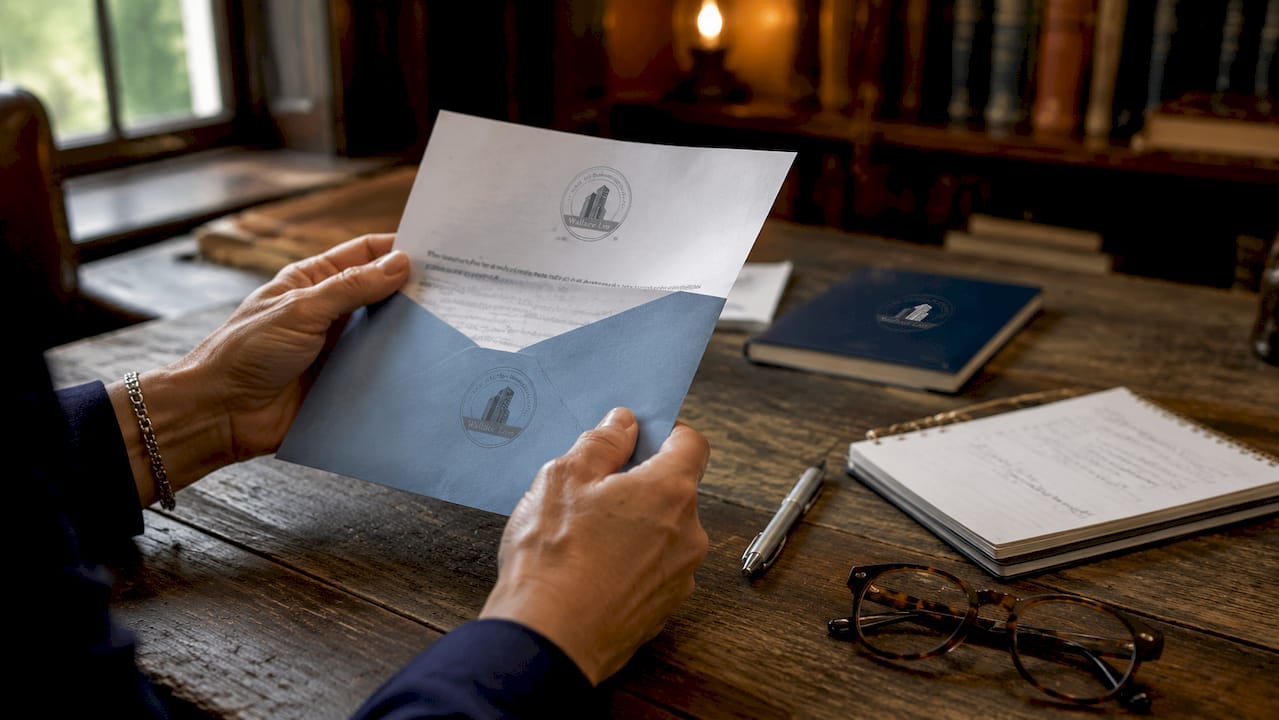 Hands holding creditor notification letter on desk