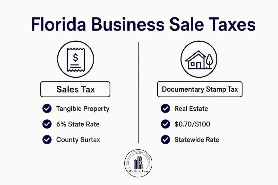 Infographic comparing sales tax and documentary stamp tax in Florida business sales
