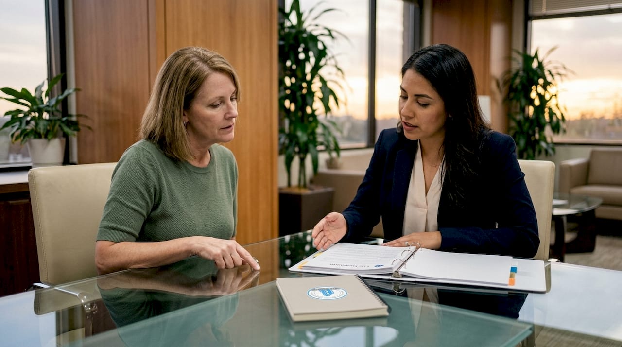 Attorney advising client on LLC formation in office