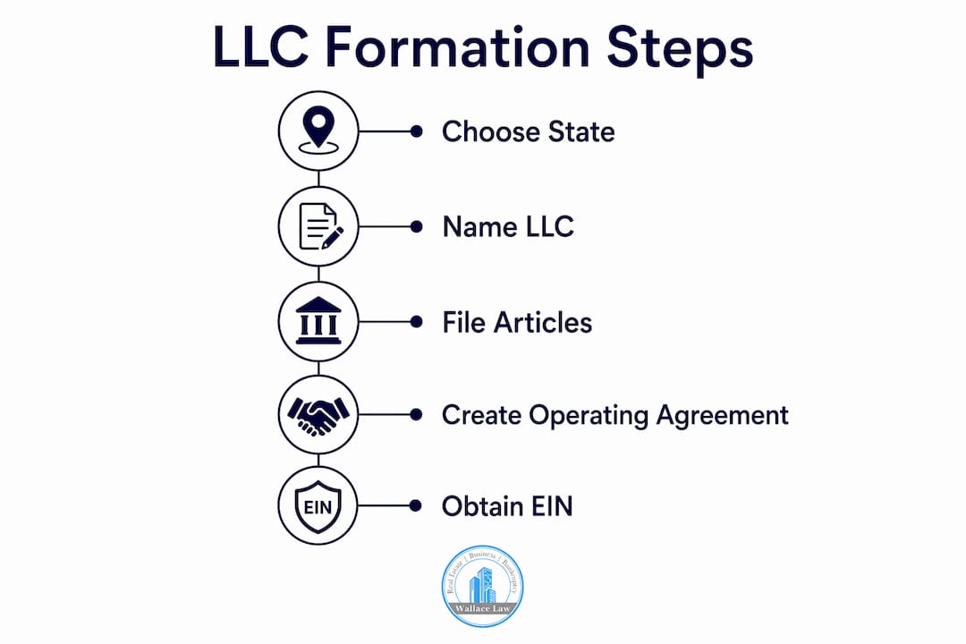 Infographic illustrating five steps to form a real estate LLC