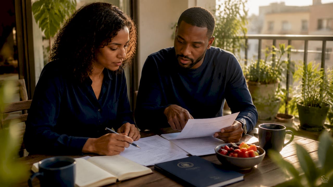 Couple reviewing bankruptcy exemption papers at table