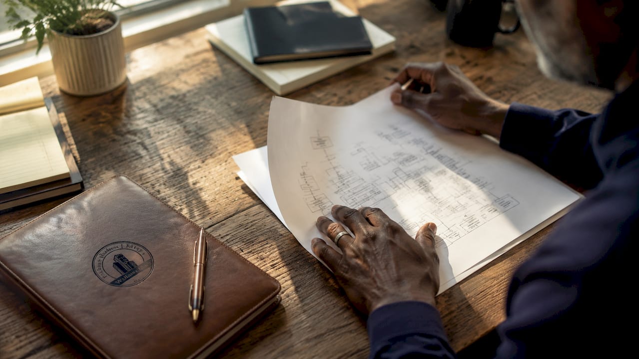 Hands examining chain of title papers