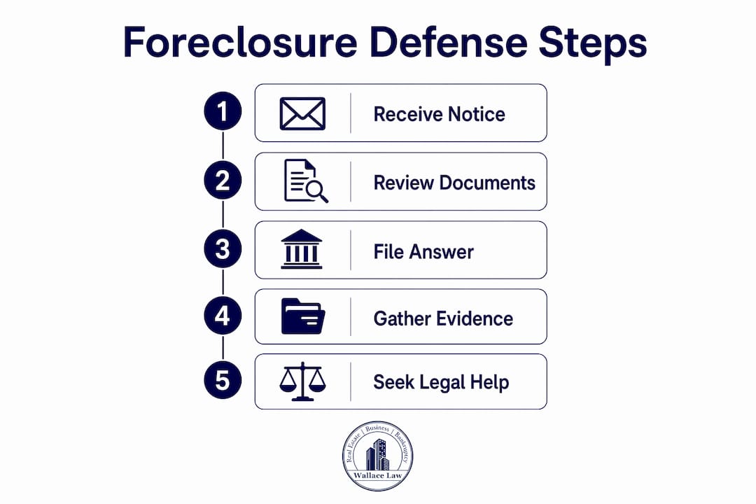 Infographic depicting steps in foreclosure defense process