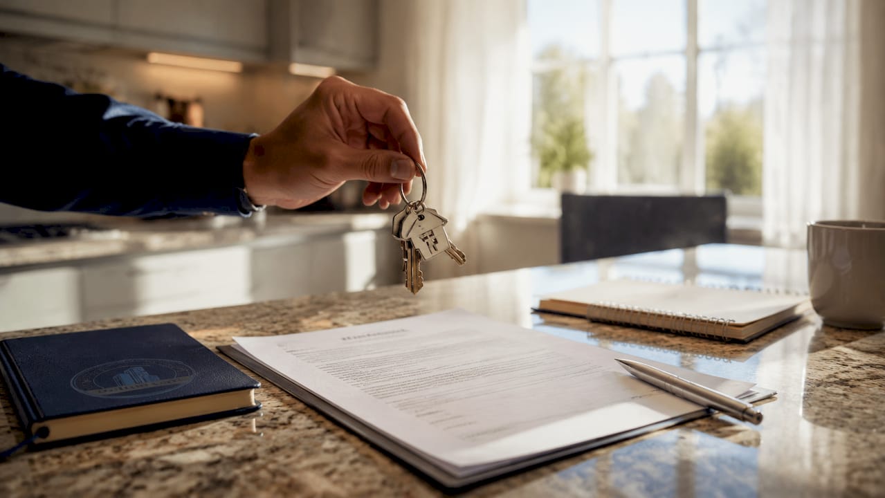 Hand holding house keys over contract in office
