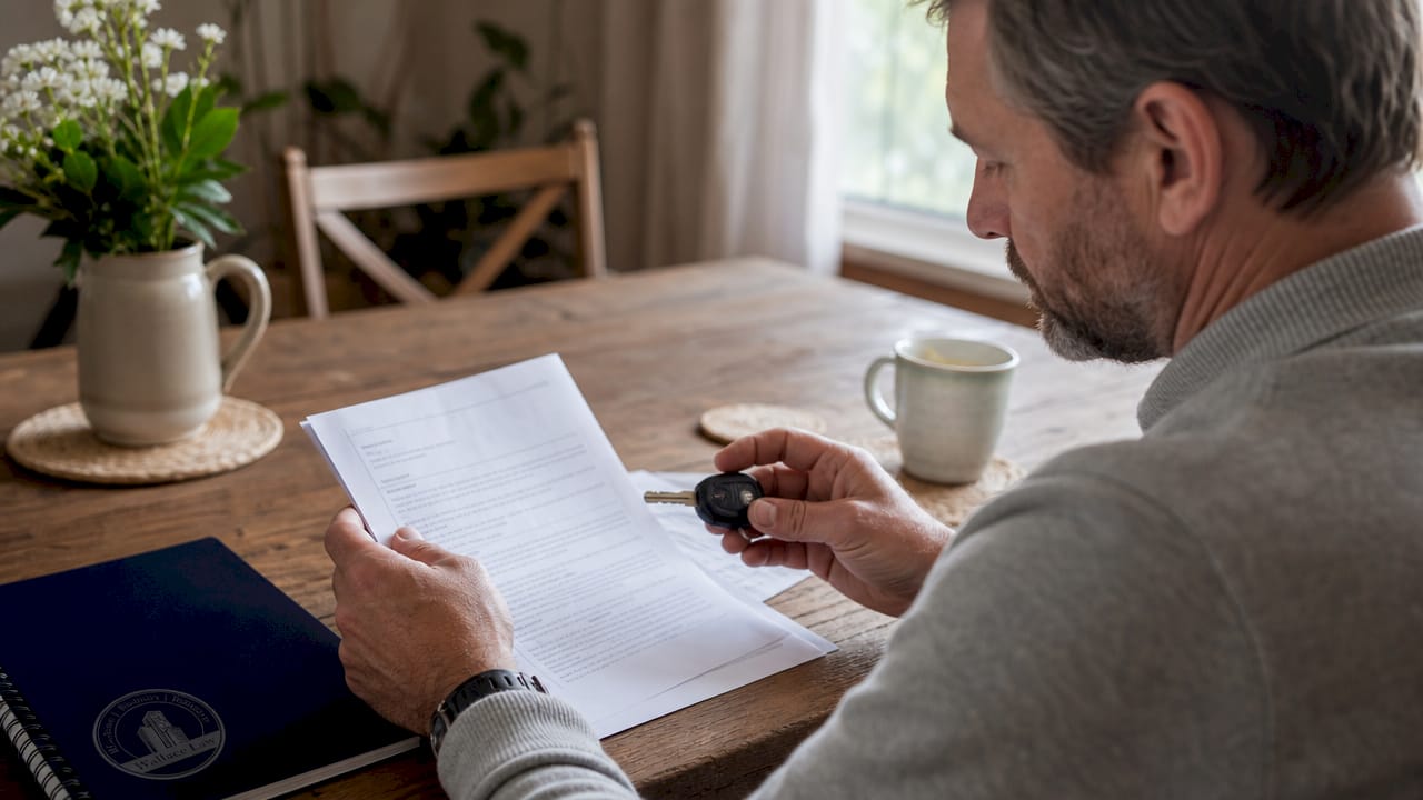 Man reviewing secured creditor loan documents and car keys