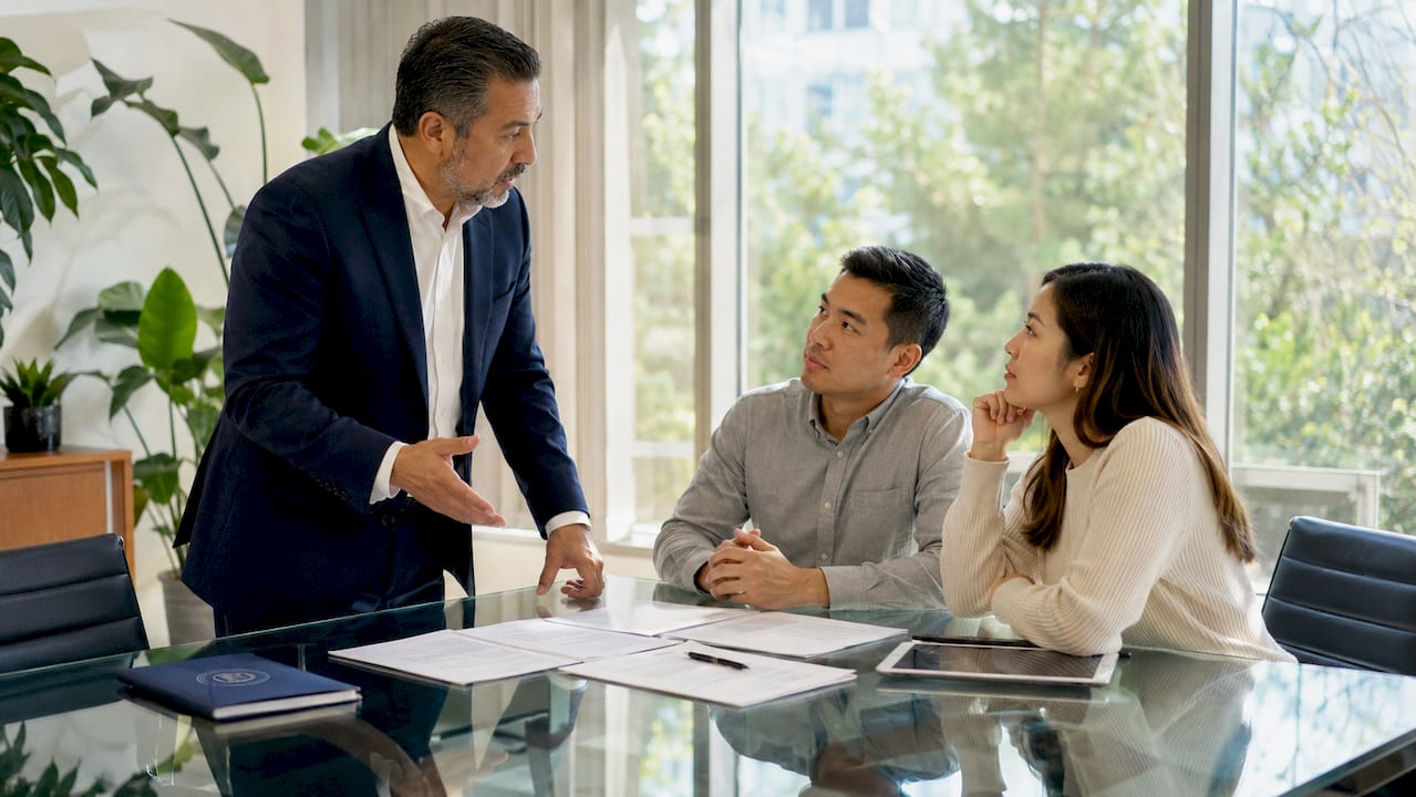 Attorney explaining bankruptcy options to couple