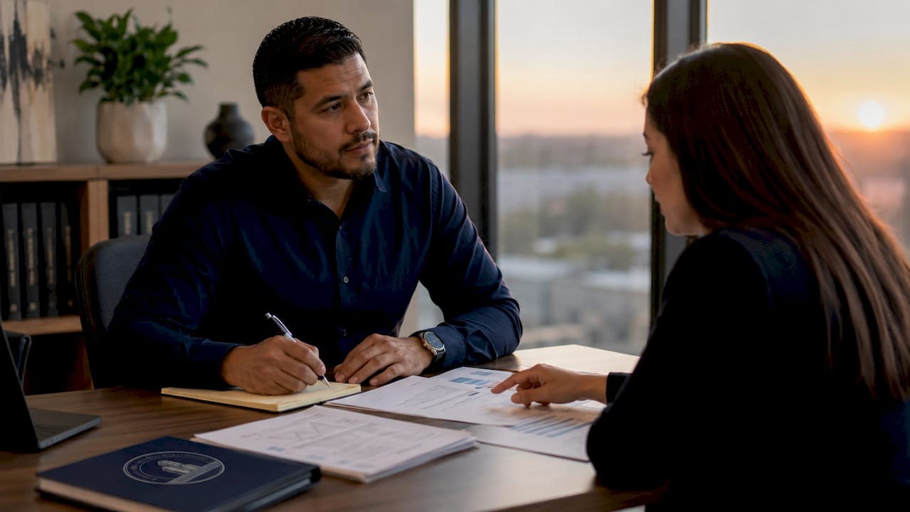 Client consulting bankruptcy lawyer in office
