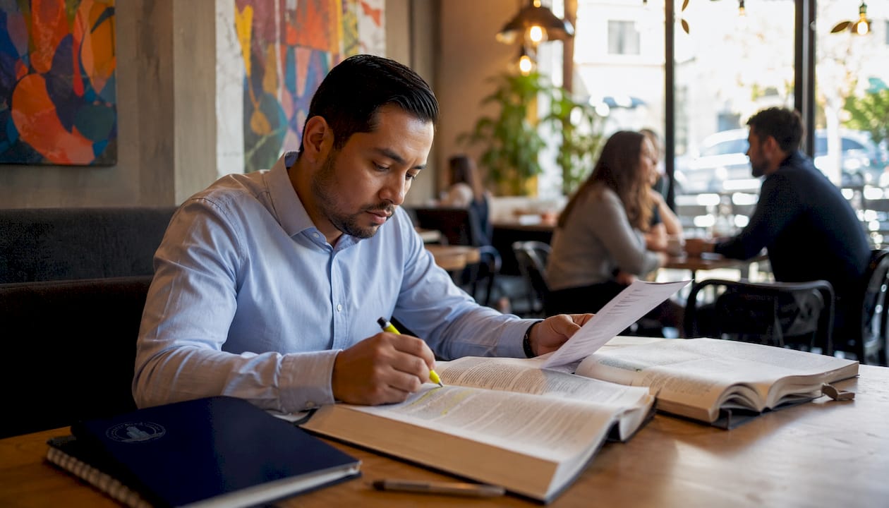 Man studying foreclosure legal requirements in law library