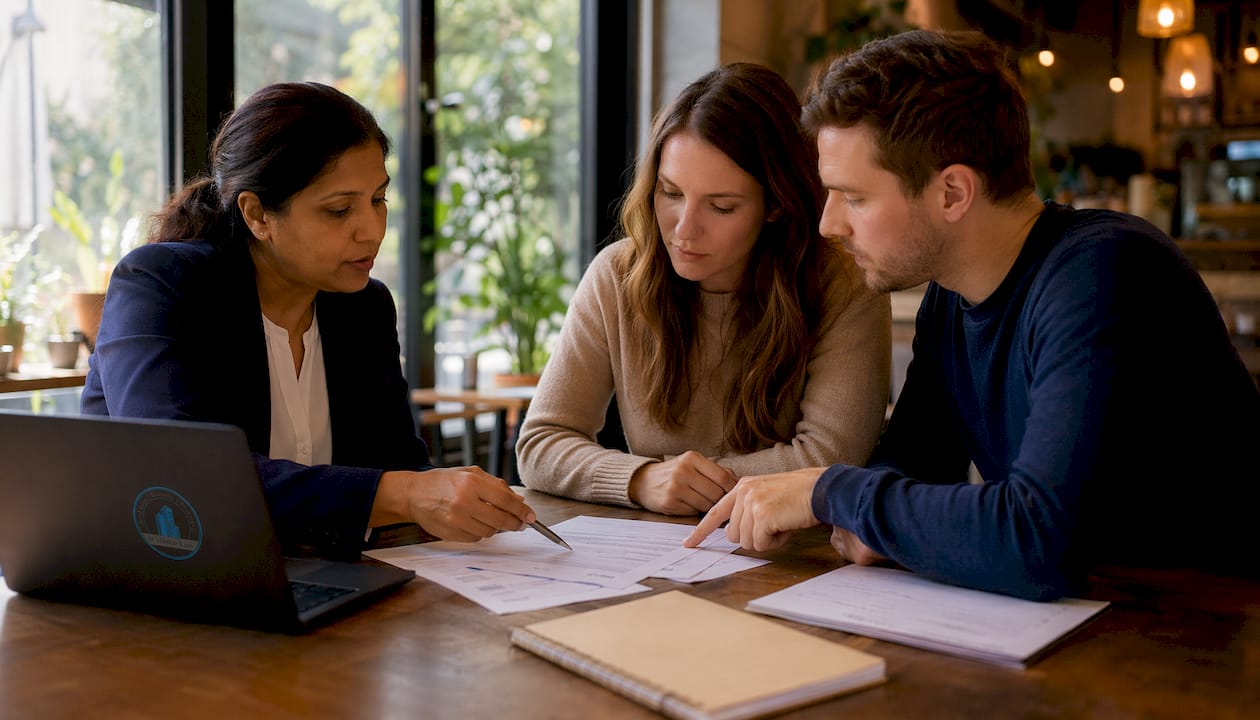 Advisor and couple discussing foreclosure default notice