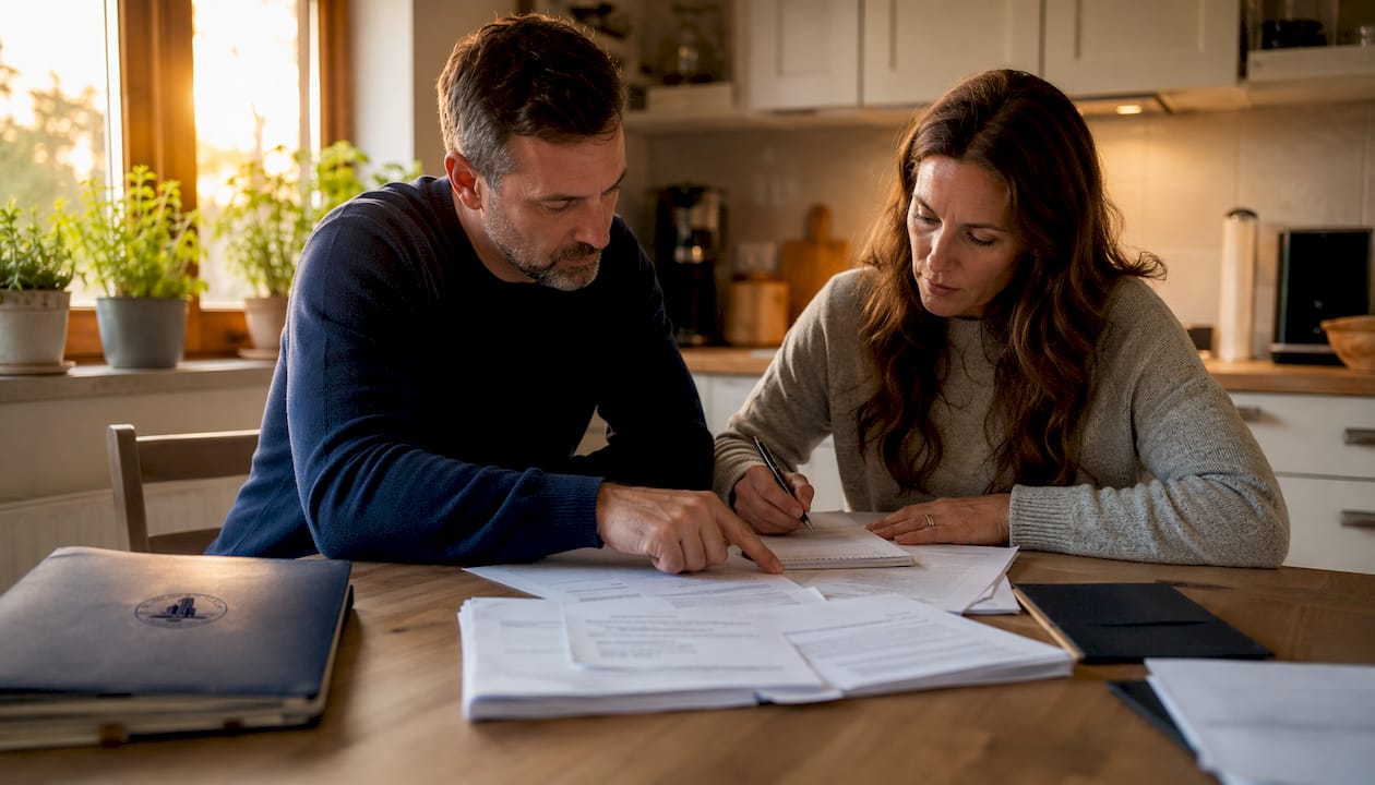 Adult siblings reviewing legal documents at home office