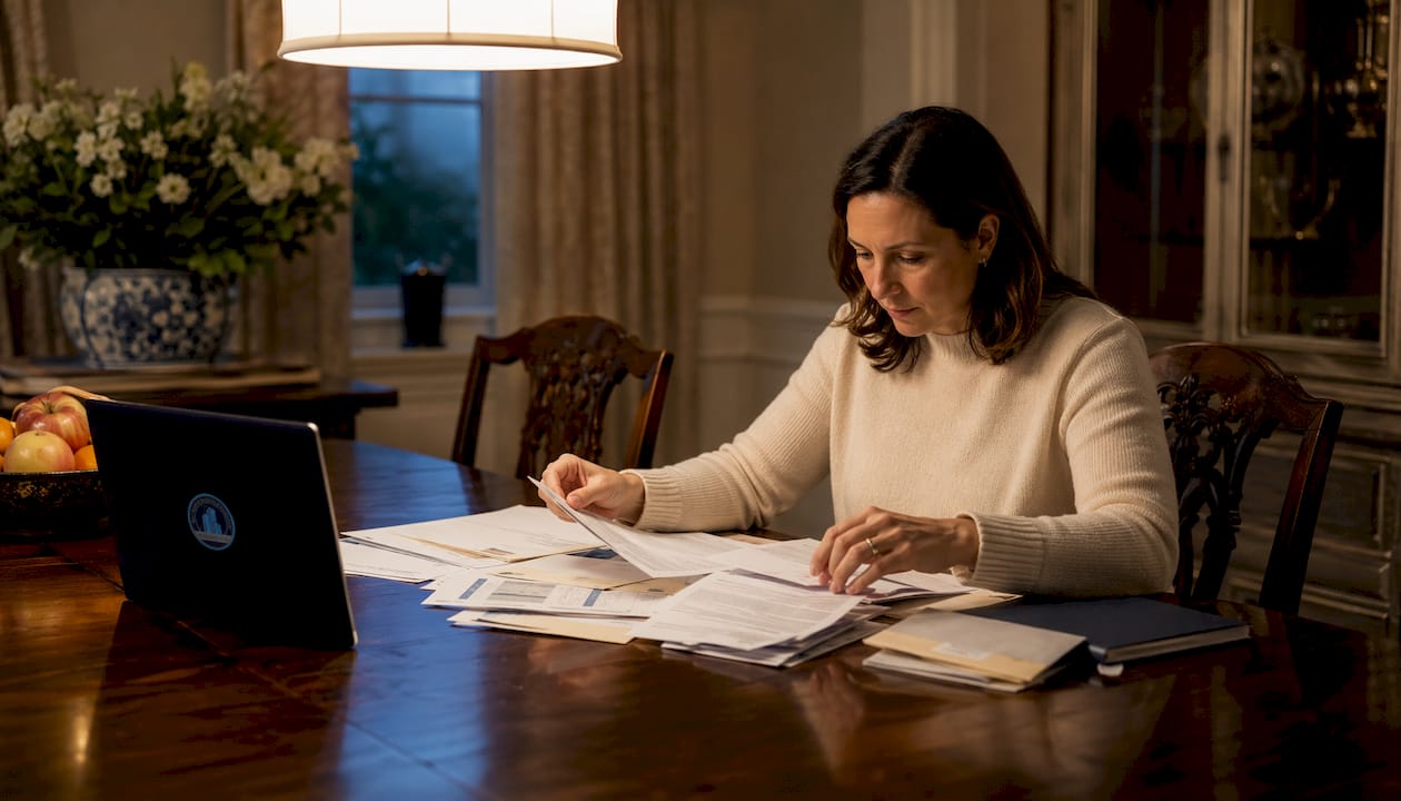 Hands organizing foreclosure and tax bills on desk