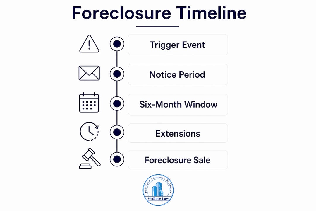 Infographic showing reverse mortgage foreclosure timeline steps