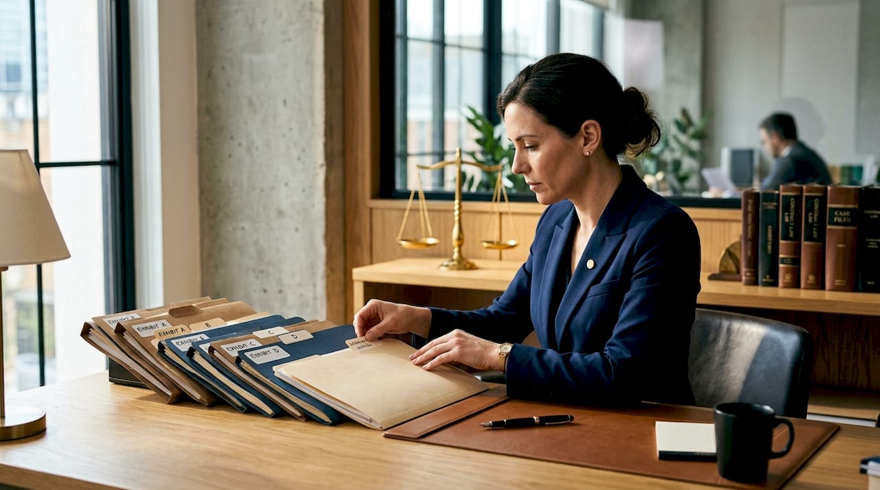 Hands organizing labeled legal exhibits folders