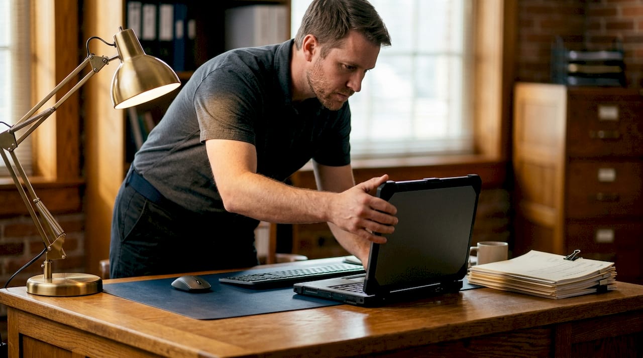 Hands adjusting computer at bail office desk