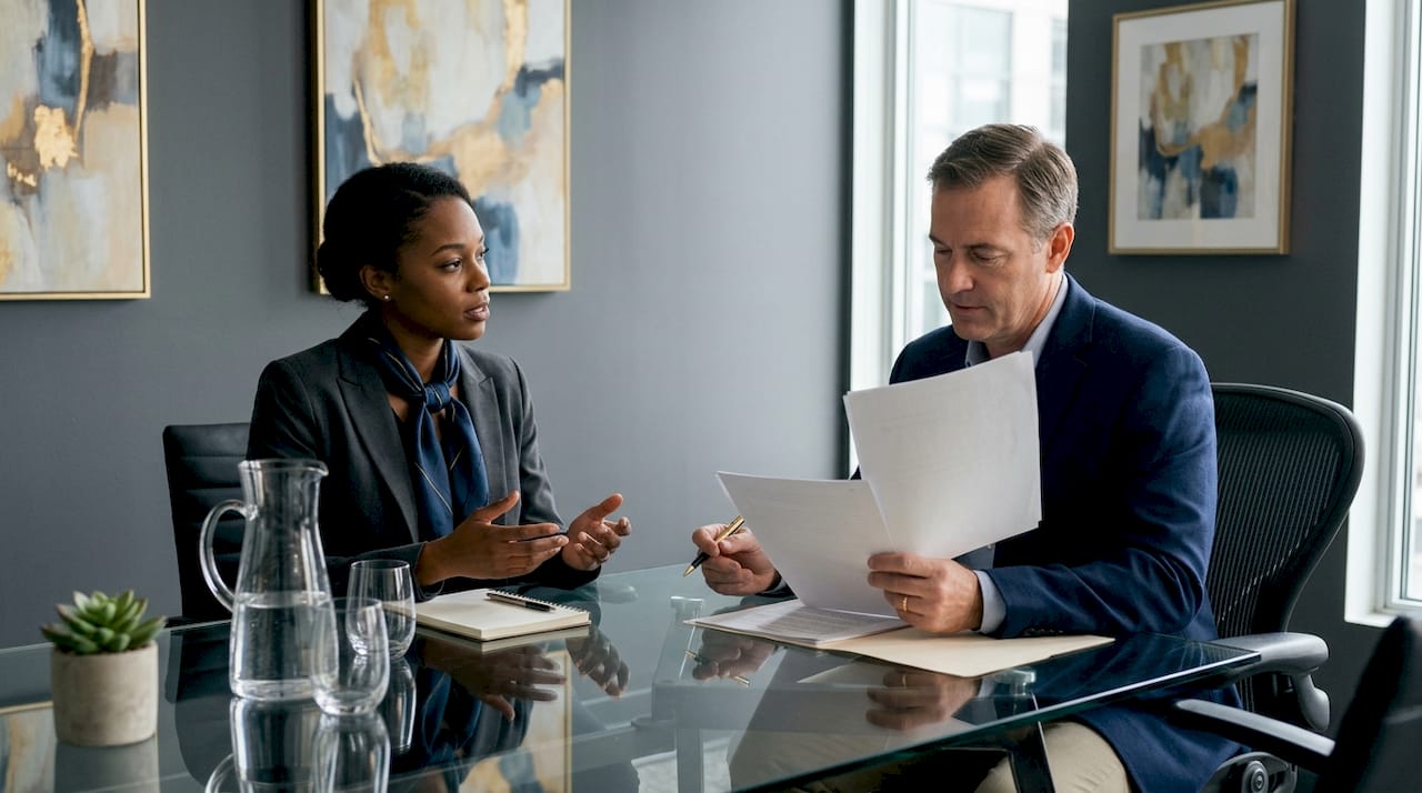 Woman consulting bail bondsman in office