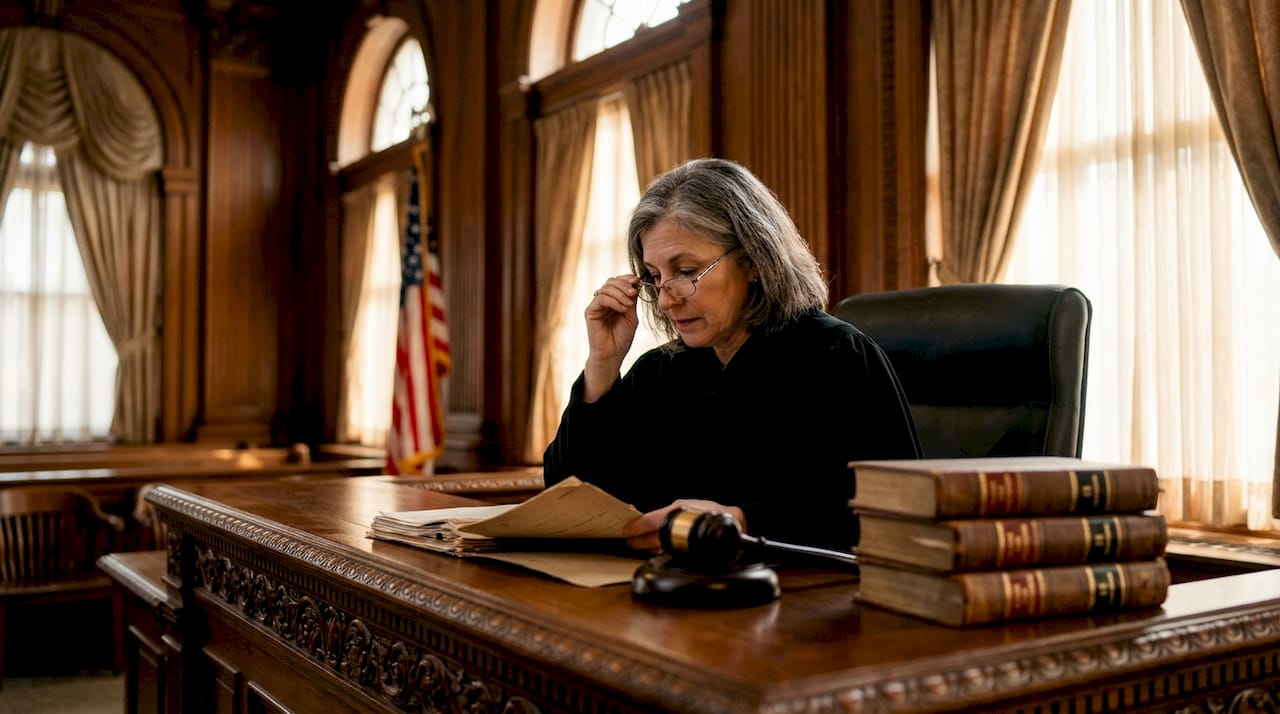 Judge reviews case file at courtroom bench