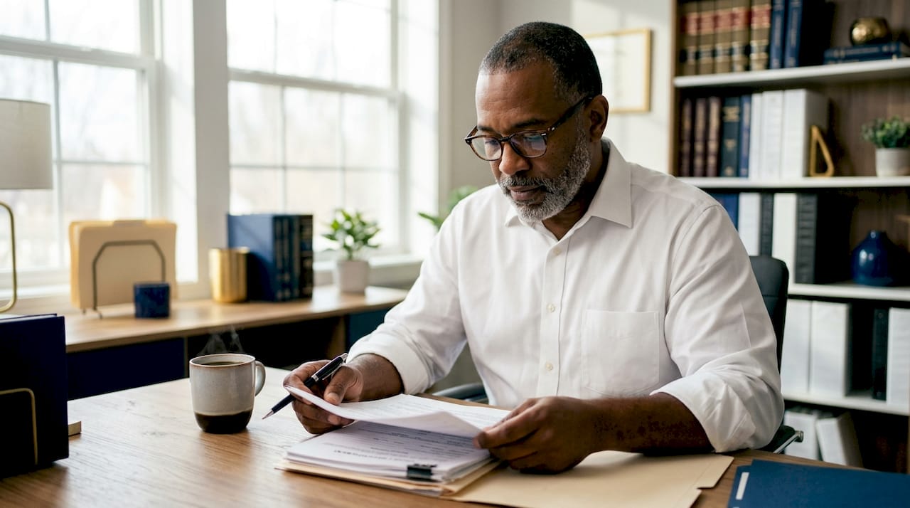 Bail bondsman reviewing bail paperwork at home desk