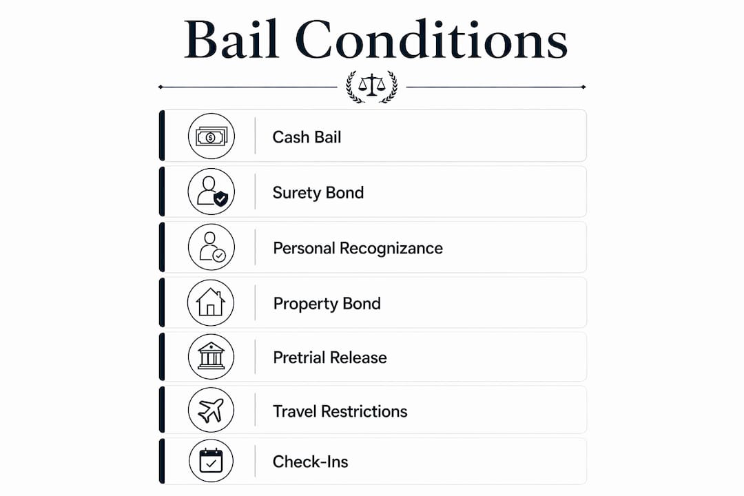 How Courts Determine Bail: A Clear 2026 Guide 13 Infographic of types of bail conditions