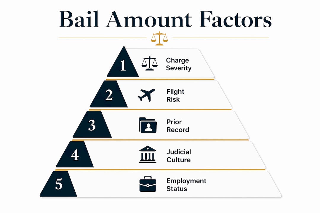 How Charges Impact Your Bail Amount: A Clear Guide 8 Infographic illustrating factors determining bail amount