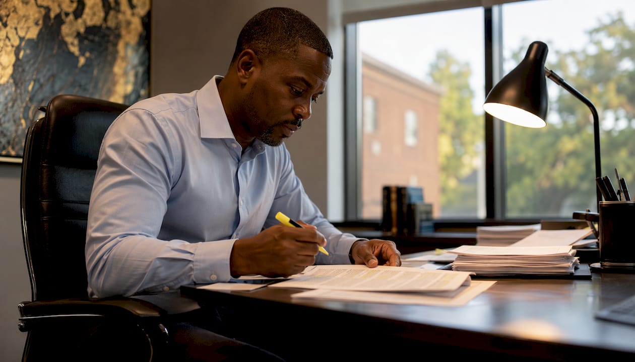 Man reviewing legal defense documents