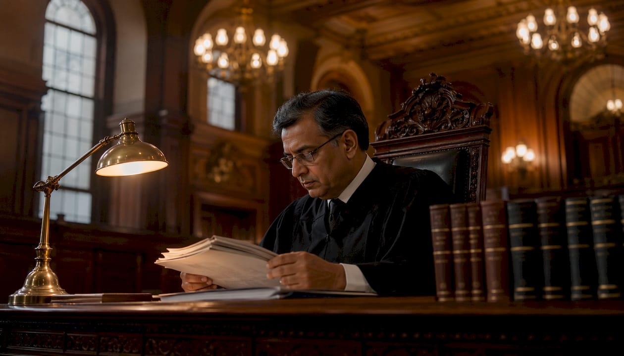 Judge reviewing case documents in courtroom