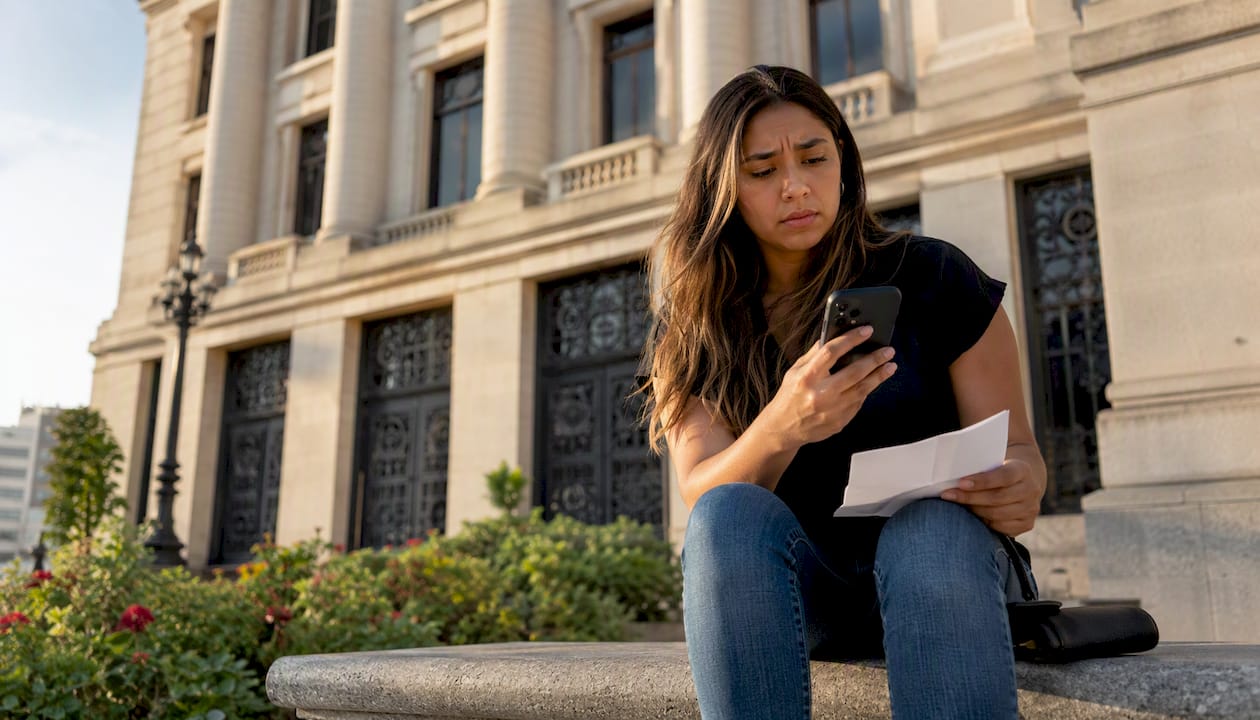 Woman concerned outside courthouse with notice