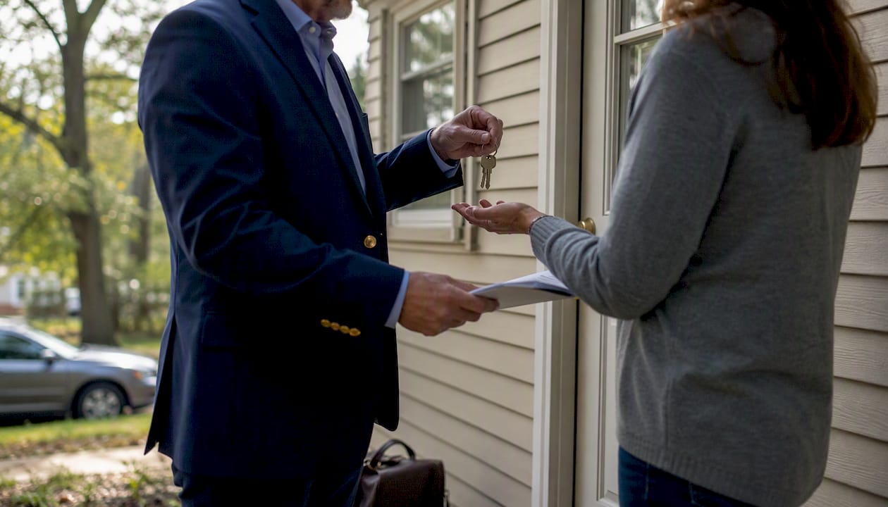 Bondsman delivering bail documents at home